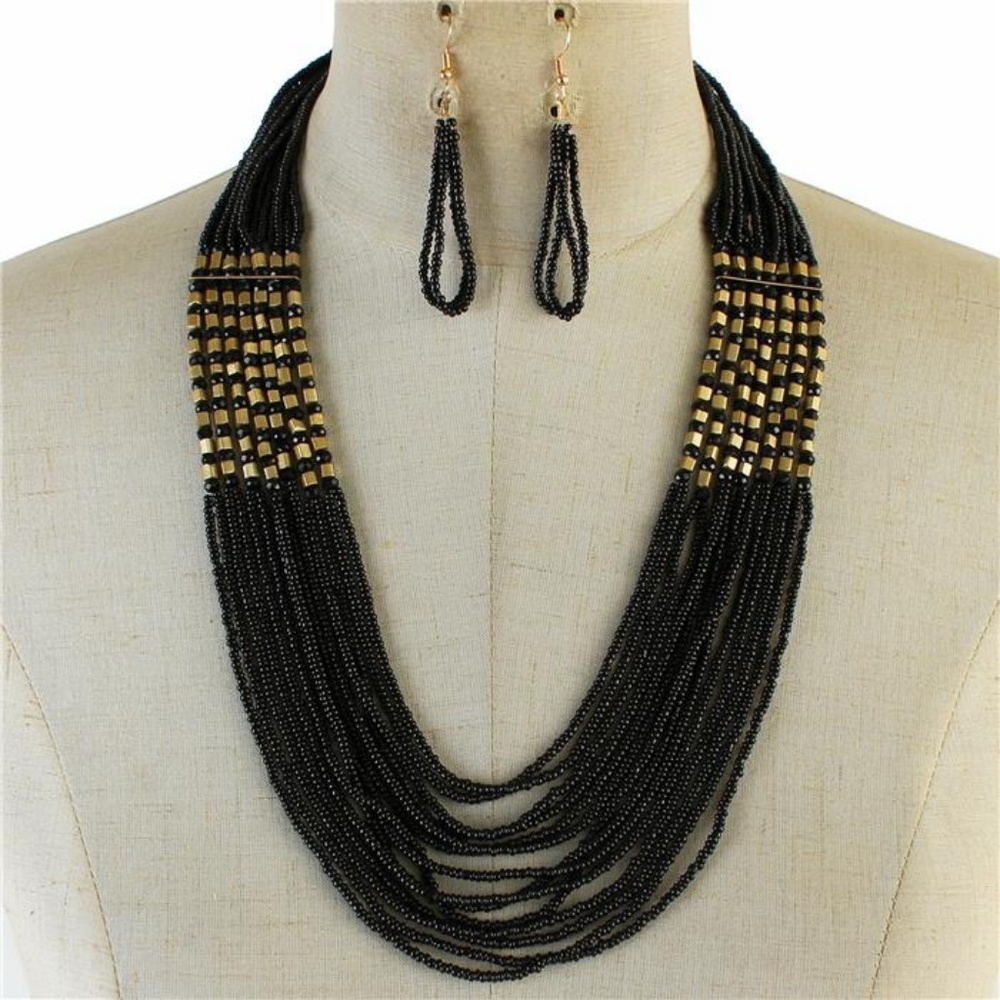 Layered Black Glass Seed Bead Necklace earring set